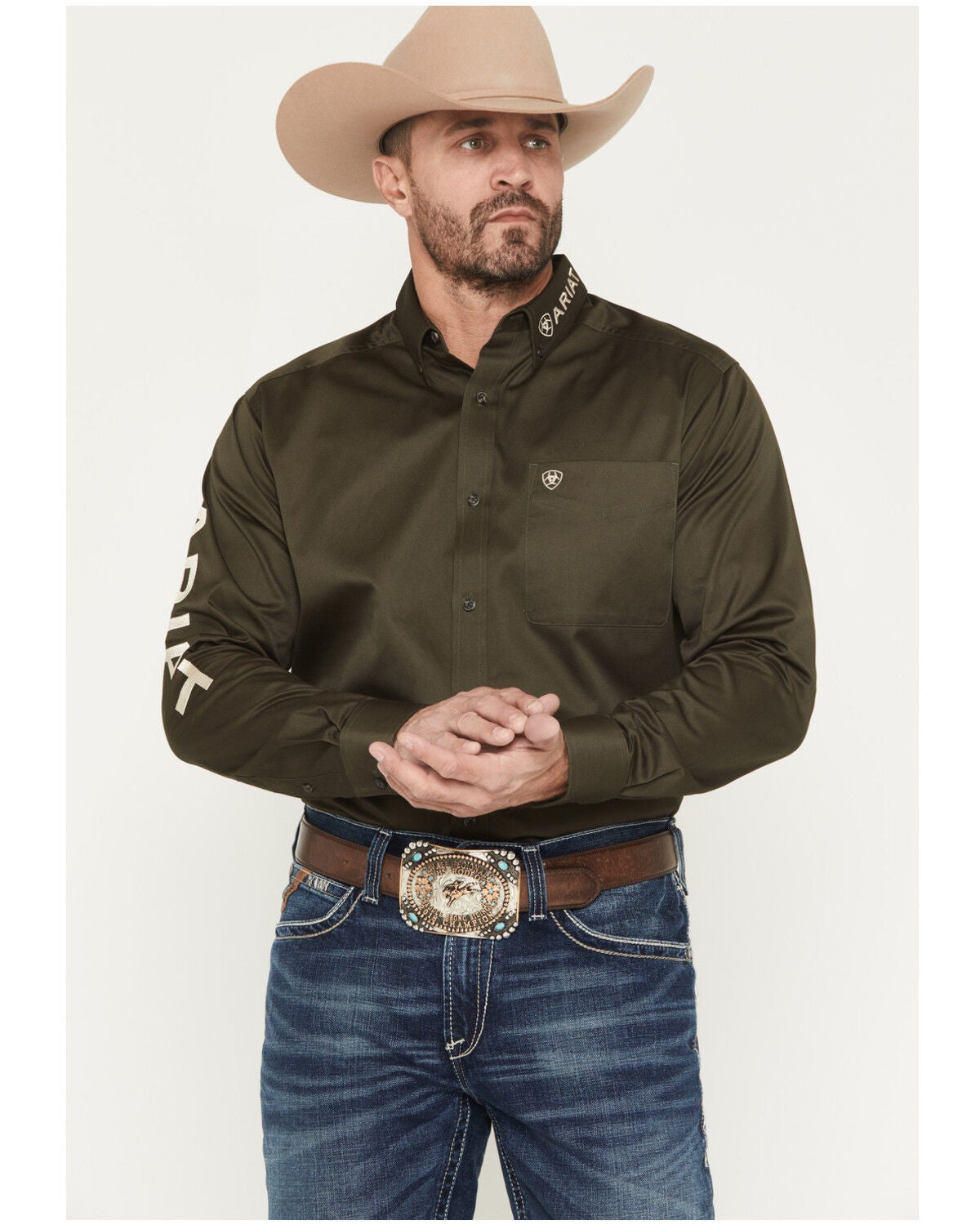Men's Ariat Logo Solid Twill Long Sleeve Button-Down Western Shirt - T