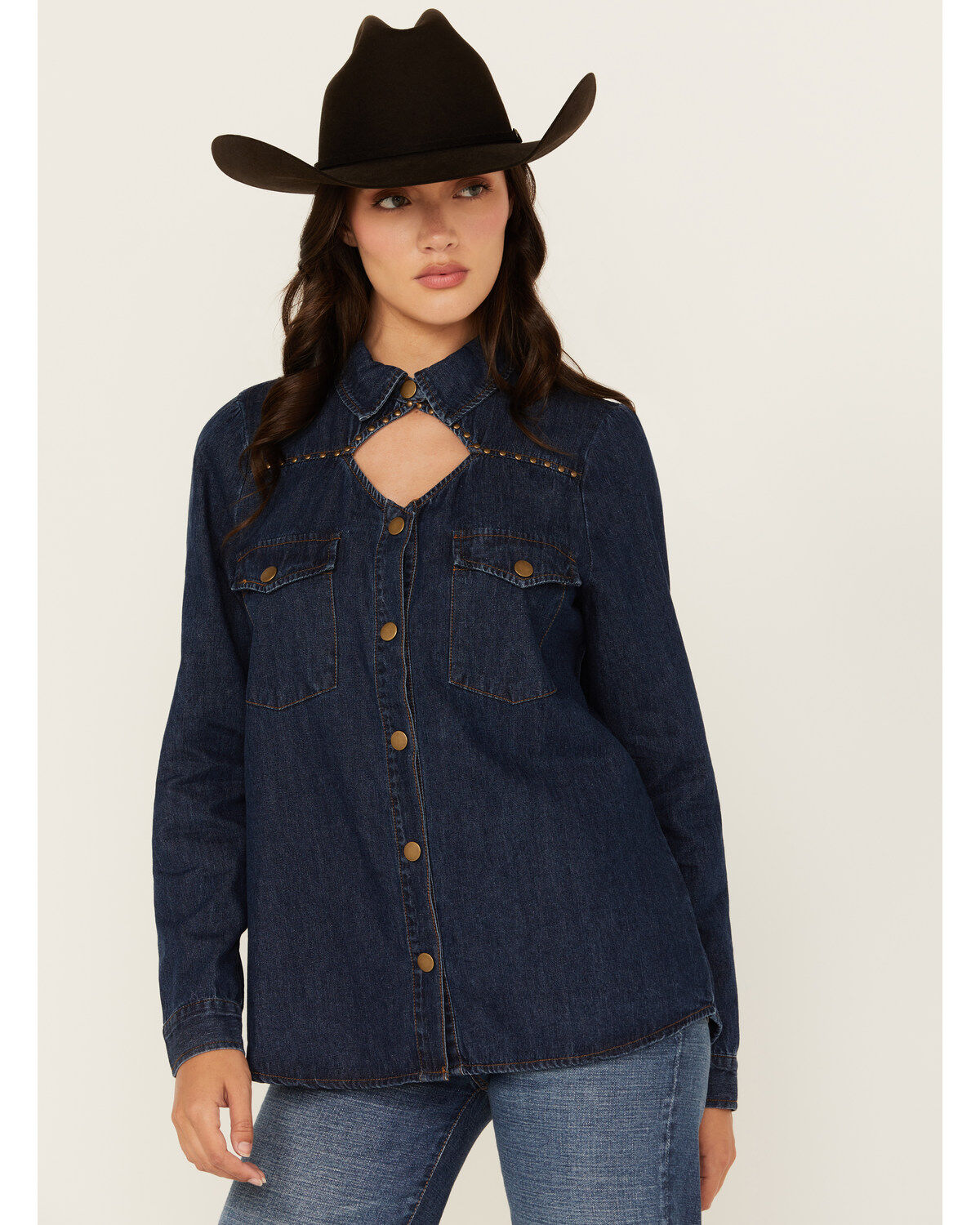 Women's Blue B Dark Wash Studded Keyhole Long Sleeve Snap Denim Shirt