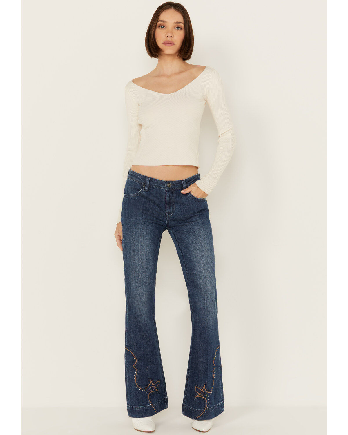 Women's Rock & Roll Denim Dark Wash Mid Rise Hem Stitched Trouser Stre