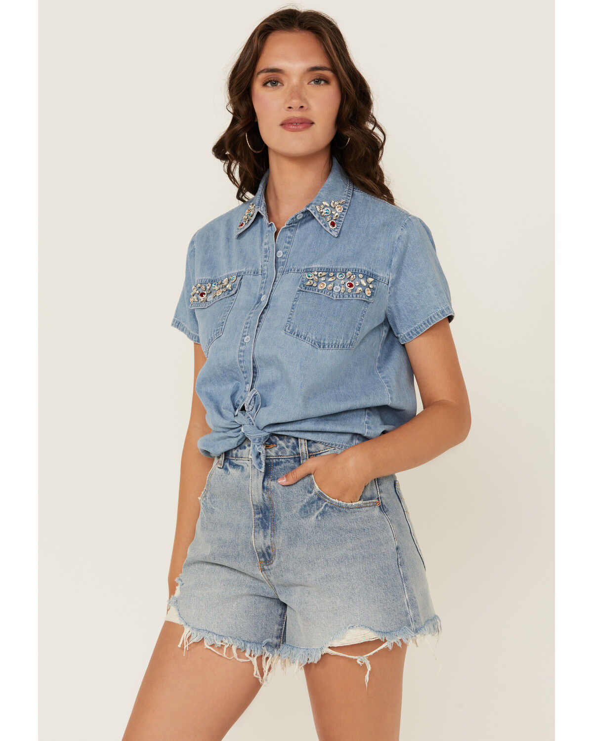 Women's Blue B Light Wash Rhinestone Short Sleeve Button-Down Denim Sh