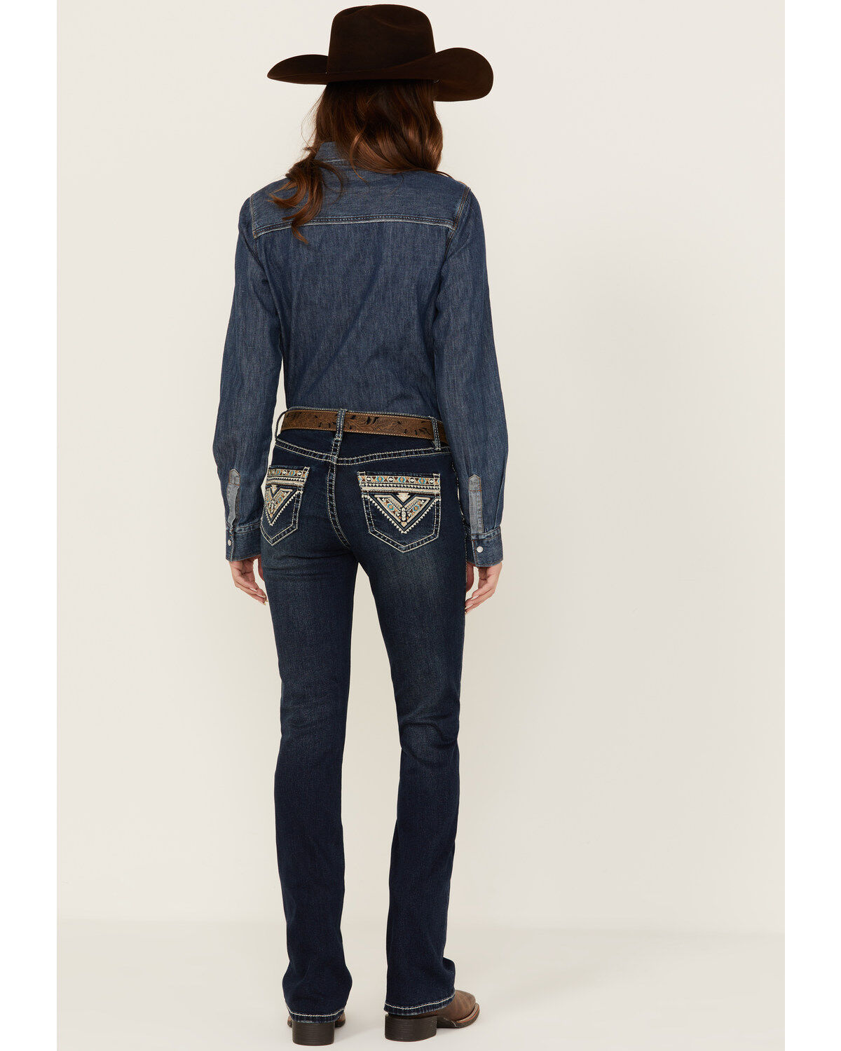 Women's Rock & Roll Denim Dark Wash Mid Rise Embroidered Bootcut Stret