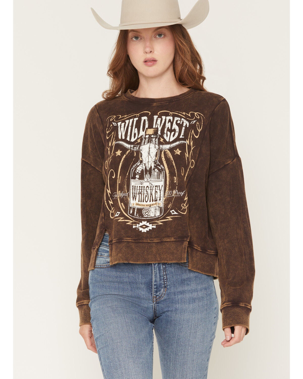 Women's Rock & Roll Denim Wild West Whiskey Pullover Sweatshirt