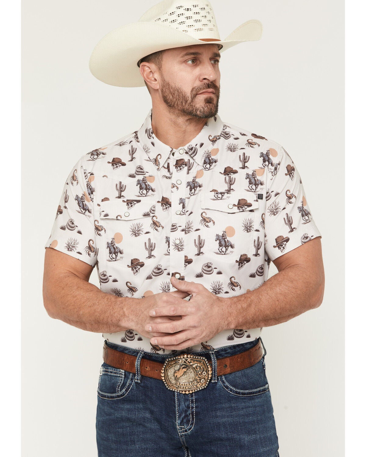 Men's Rock & Roll Denim Desert Novelty Short Sleeve Snap Stretch Weste