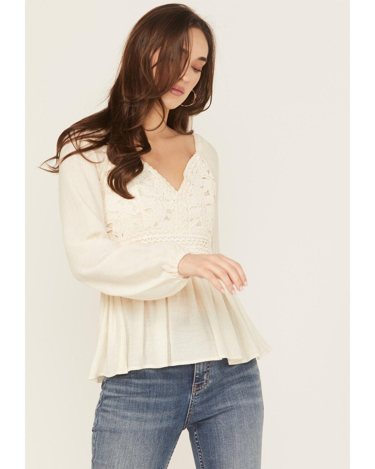 Women's Shyanne Crochet Lace Long Sleeve Crinkle Top