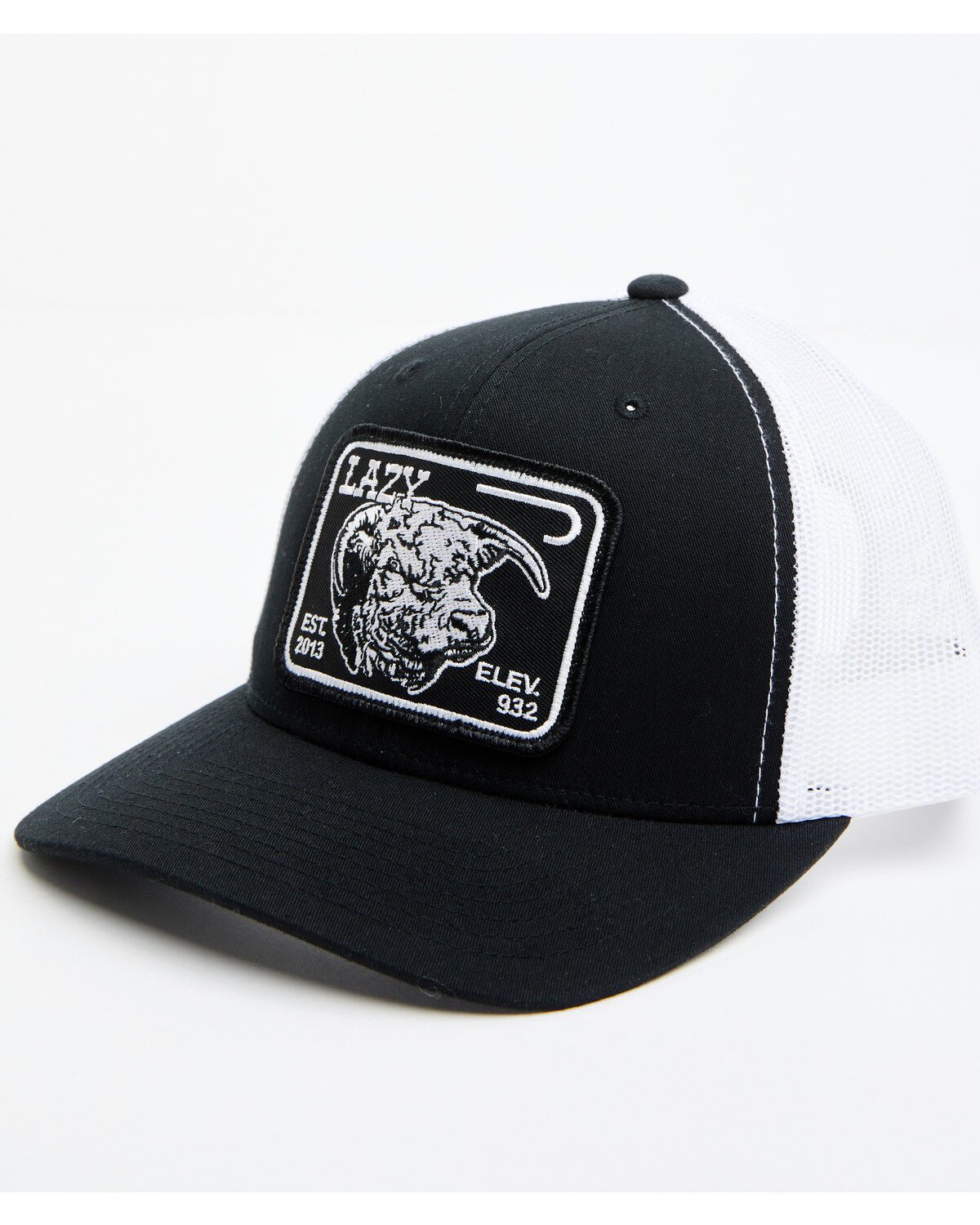 Men's Lazy J Ranch Black & White Elevation Cowhead Logo Patch Mesh-Bac