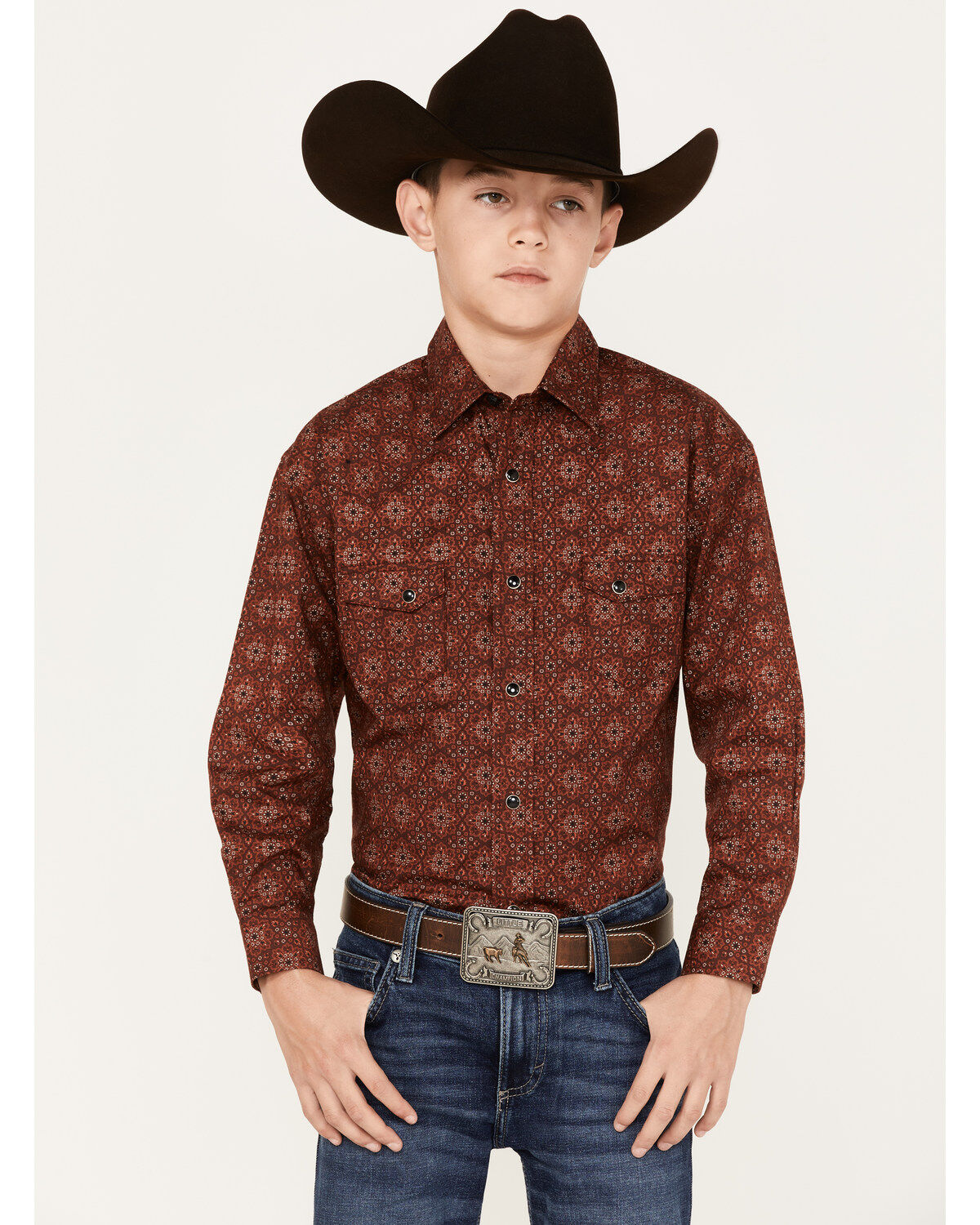 Boys' Rock & Roll Denim Medallion Geo Print Long Sleeve Snap Western S