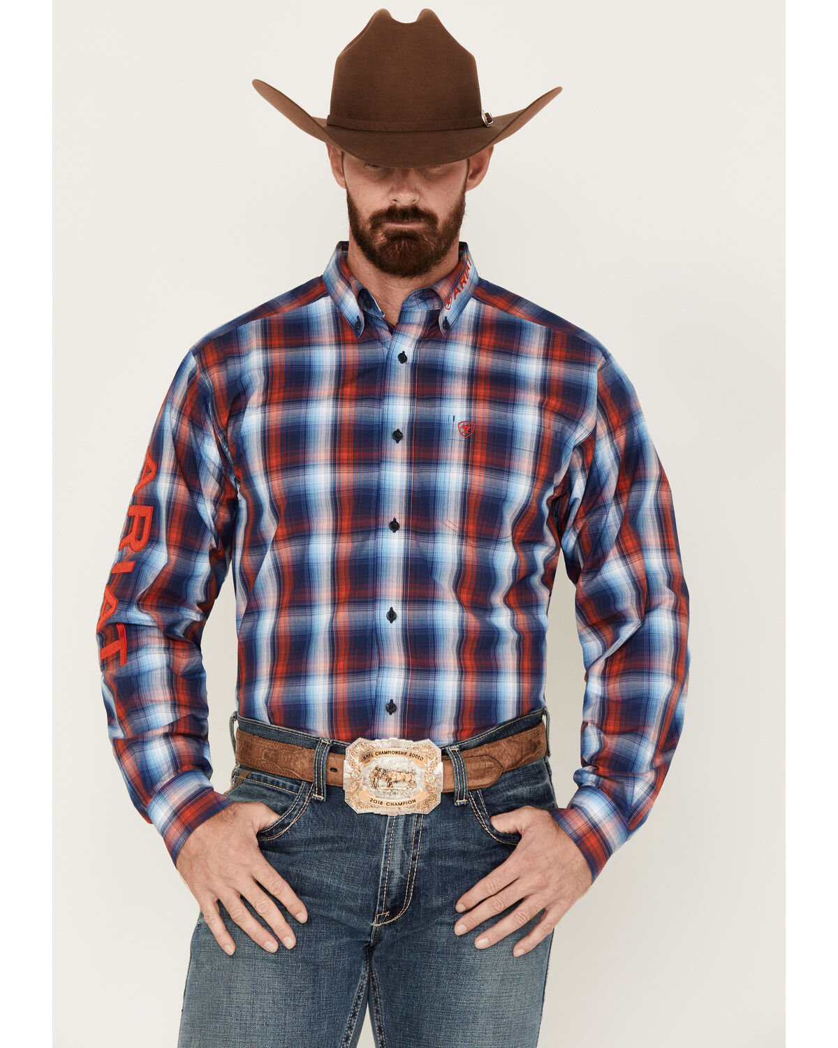 Men's Ariat Team Corey Large Plaid Embroidered Logo Long Sleeve Button