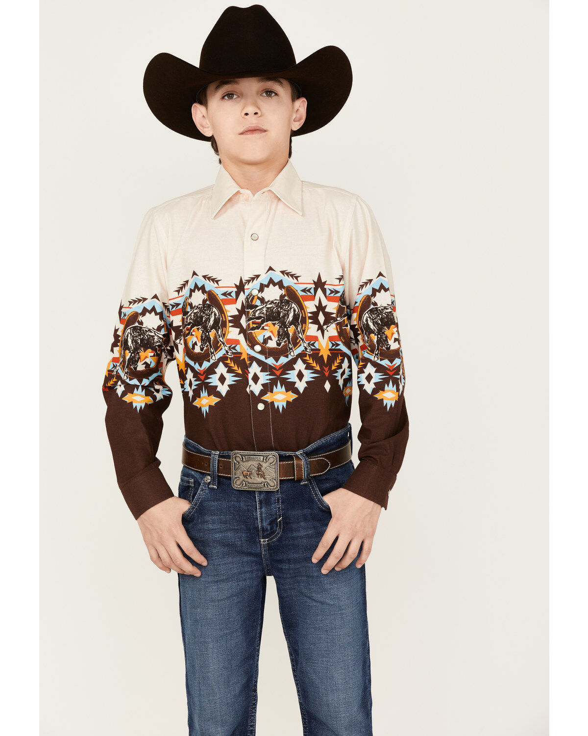 Boys' Panhandle Southwestern Border Print Long Sleeve Snap Shirt