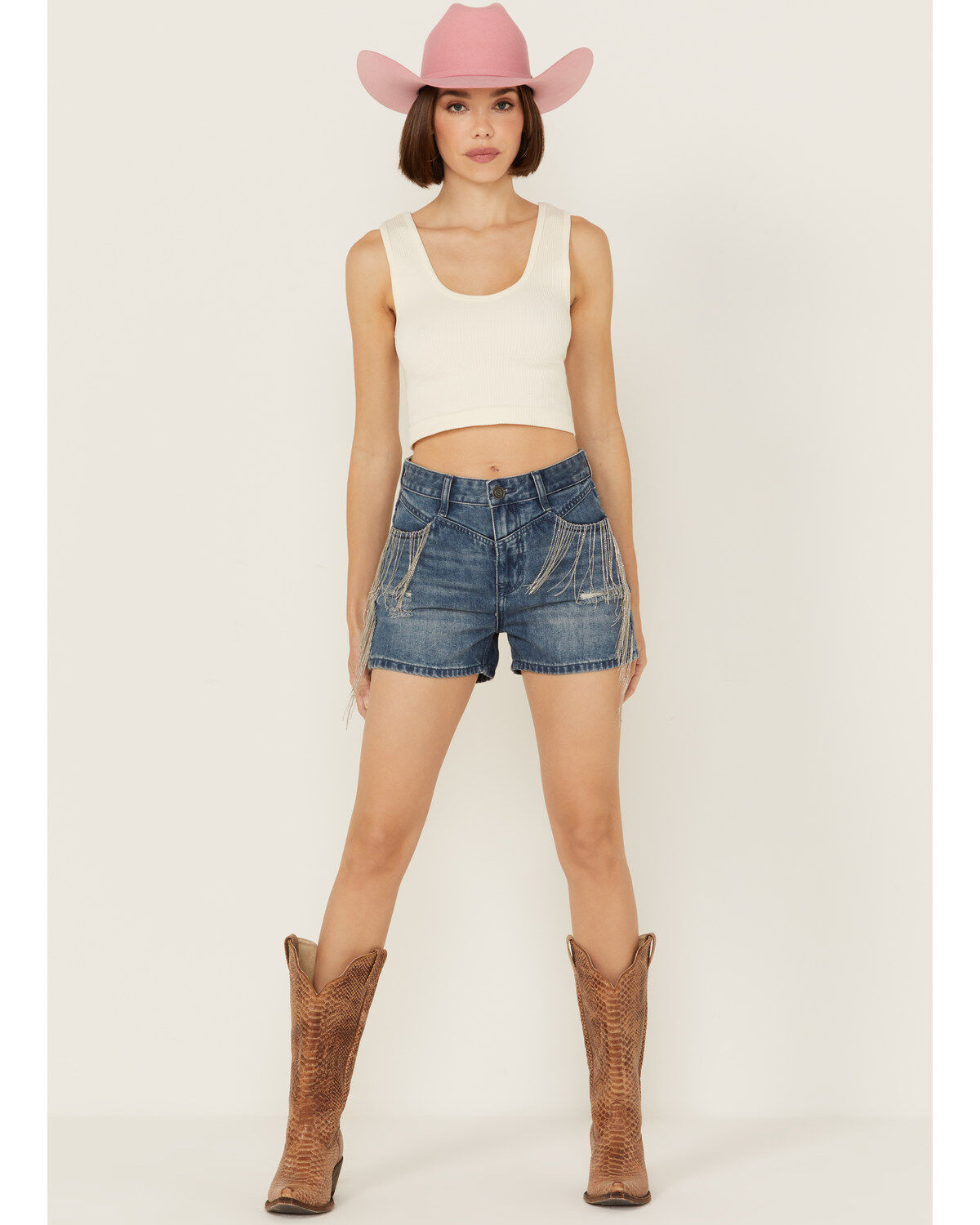 Women's Rock & Roll Denim Medium Wash High Rise Chain Fringe Denim Sho