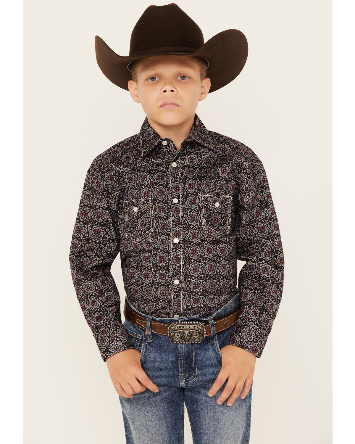 Boys' Rock & Roll Denim Medallion Print Long Sleeve Pearl Snap Stretch