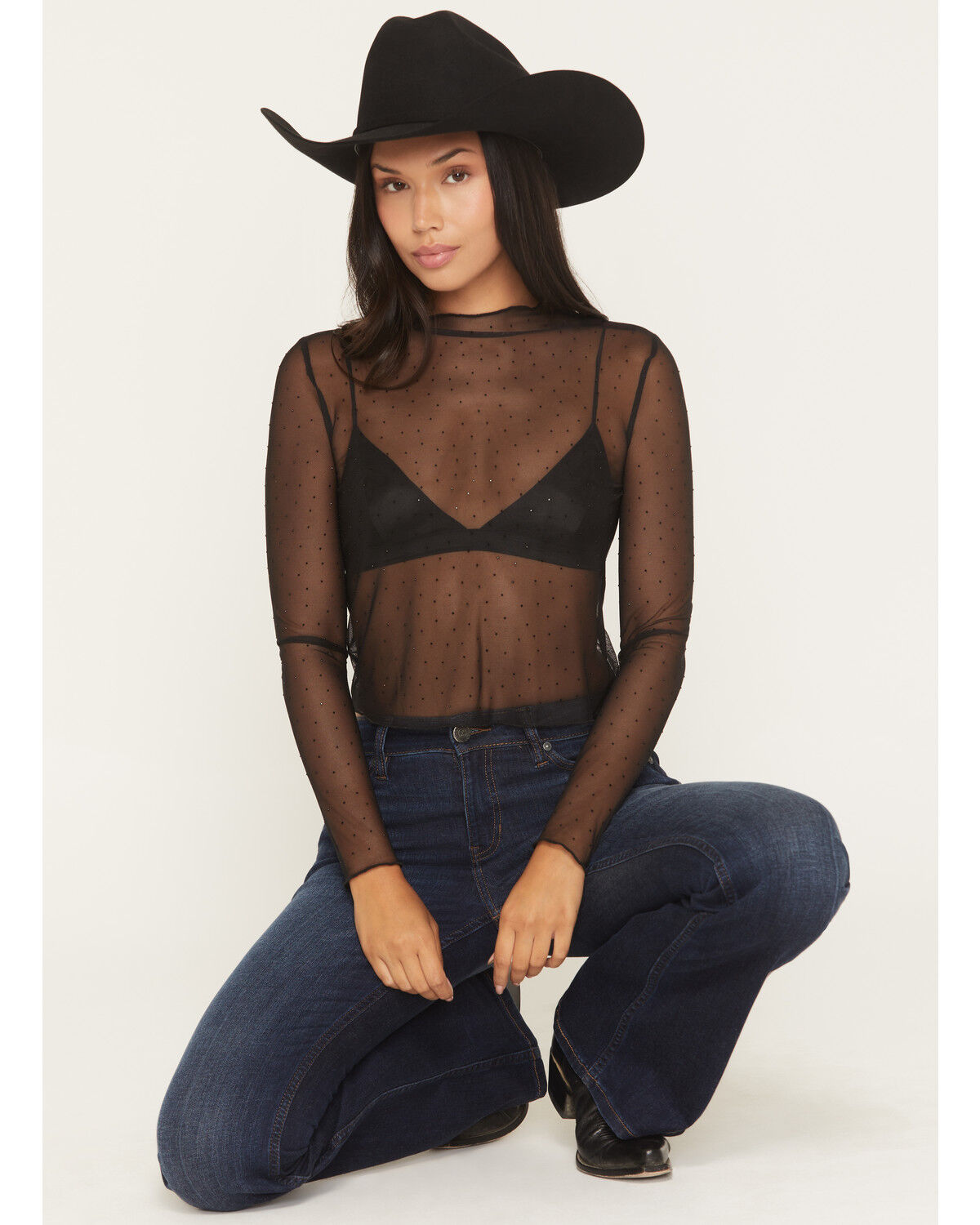 Women's Rock & Roll Denim Rhinestone Mesh Long Sleeve Cropped Shirt