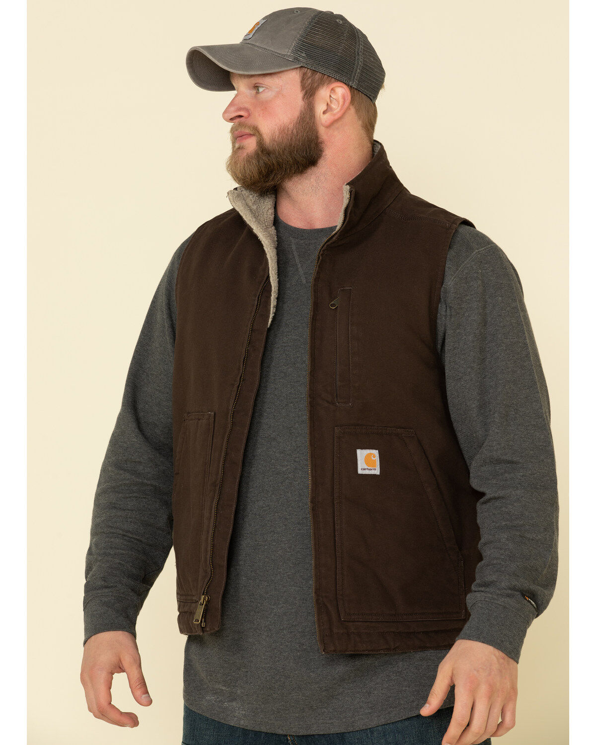 Men's Carhartt Dark Brown Washed Duck Sherpa Lined Mock Neck Work Vest