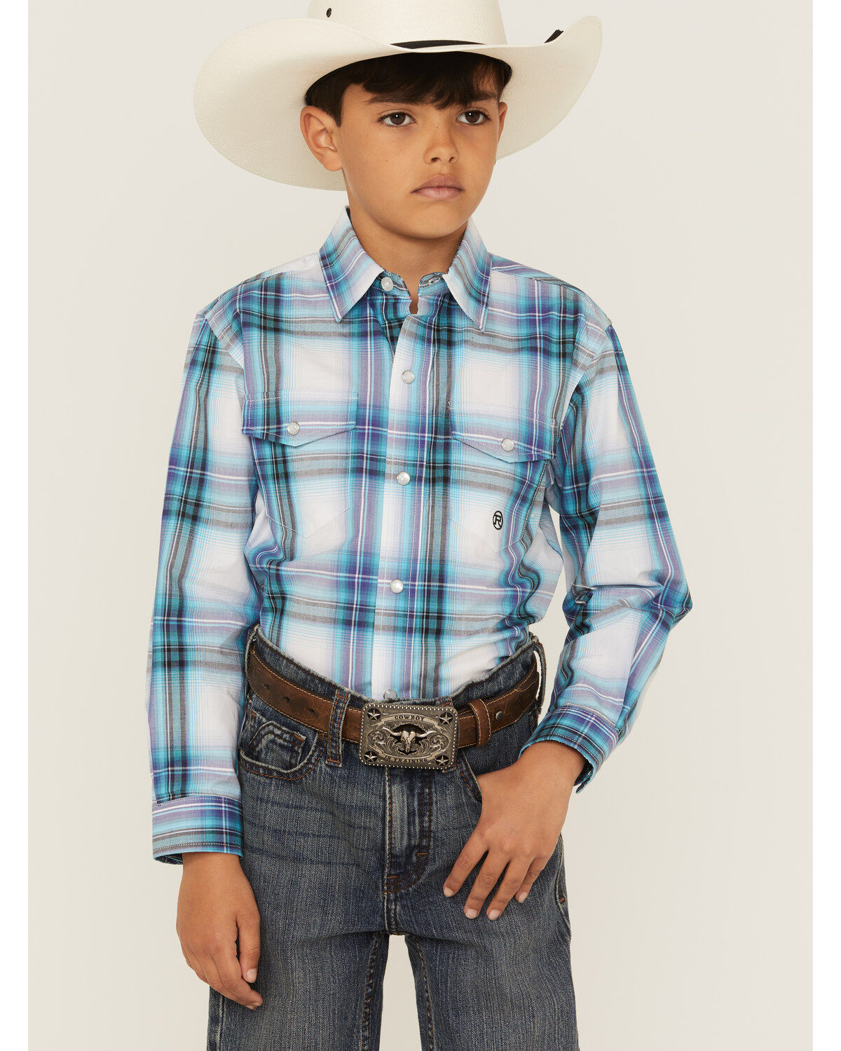 Boys' Roper Plaid Print Long Sleeve Pearl Snap Western Shirt