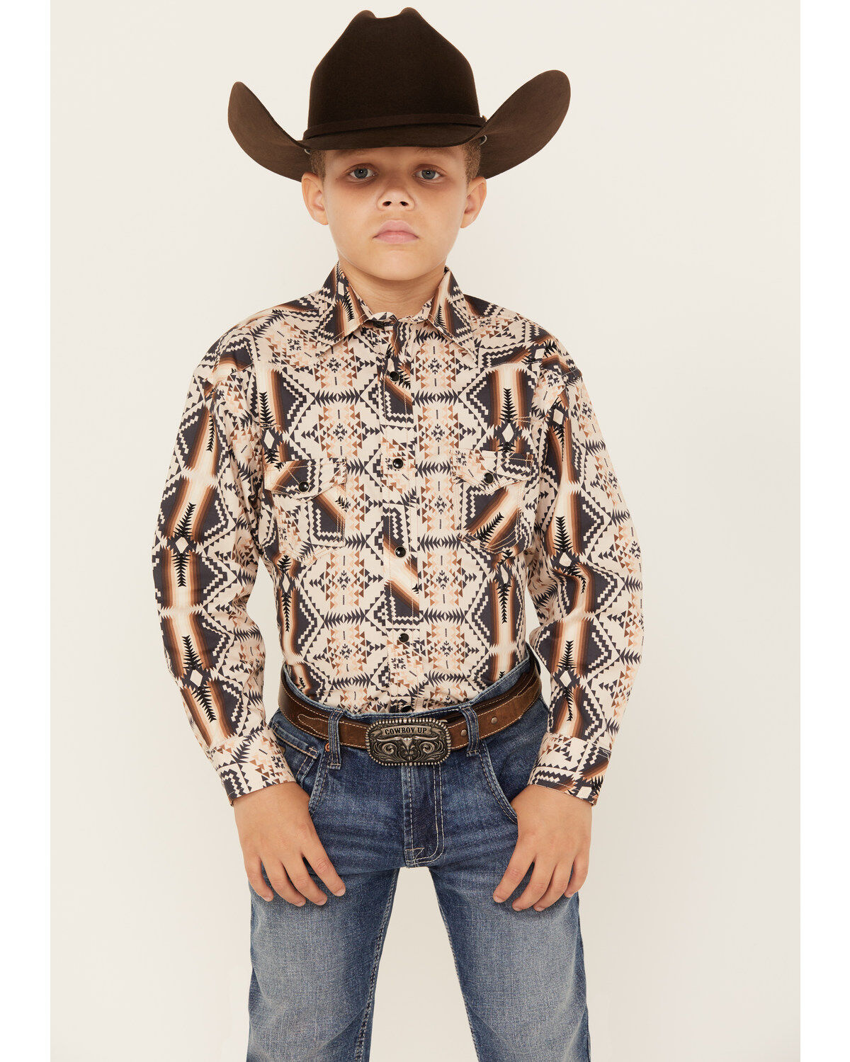Boys' Rock & Roll Denim Southwestern Stripe Print Long Sleeve Snap Str