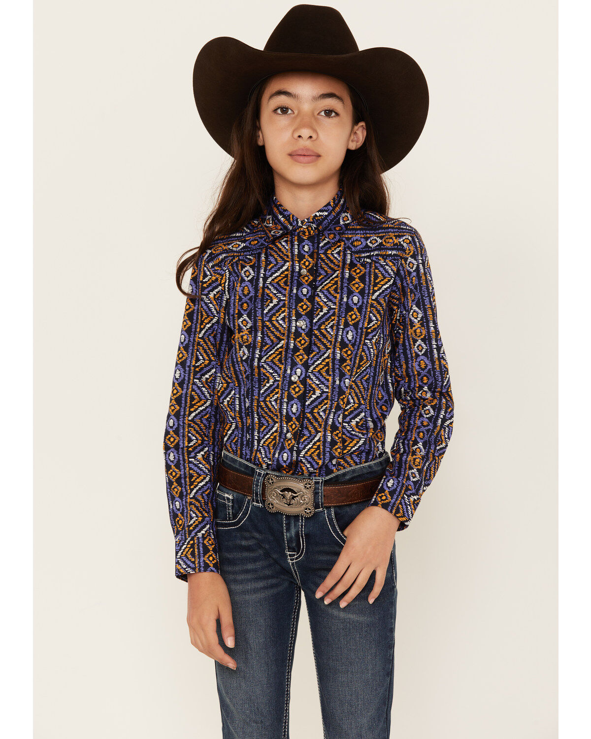 Girls' Cruel Girl Southwestern Stripe Print Long Sleeve Snap Western S