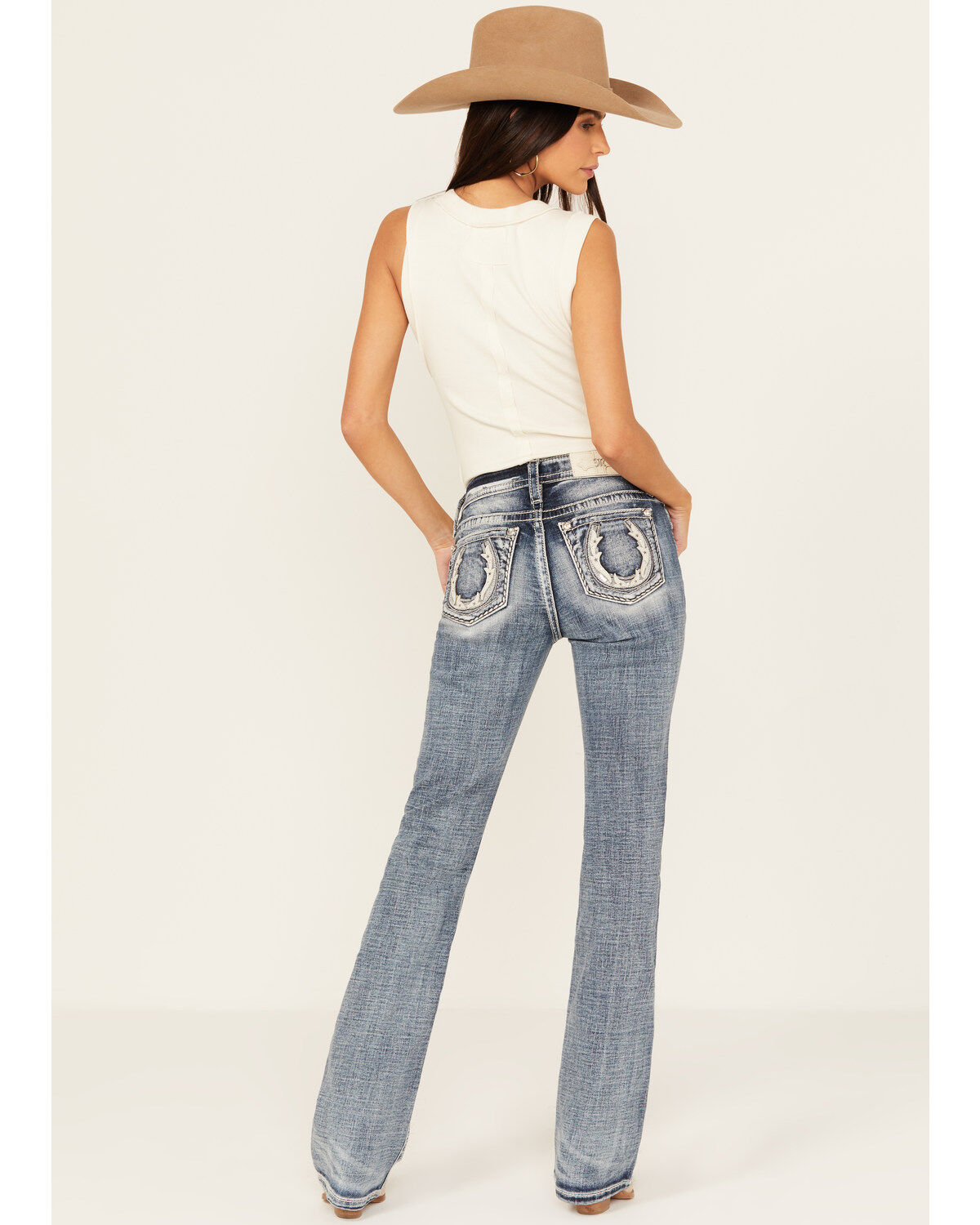 Women's Miss Me Medium Wash Mid Rise Horseshoe Bootcut Stretch Denim J