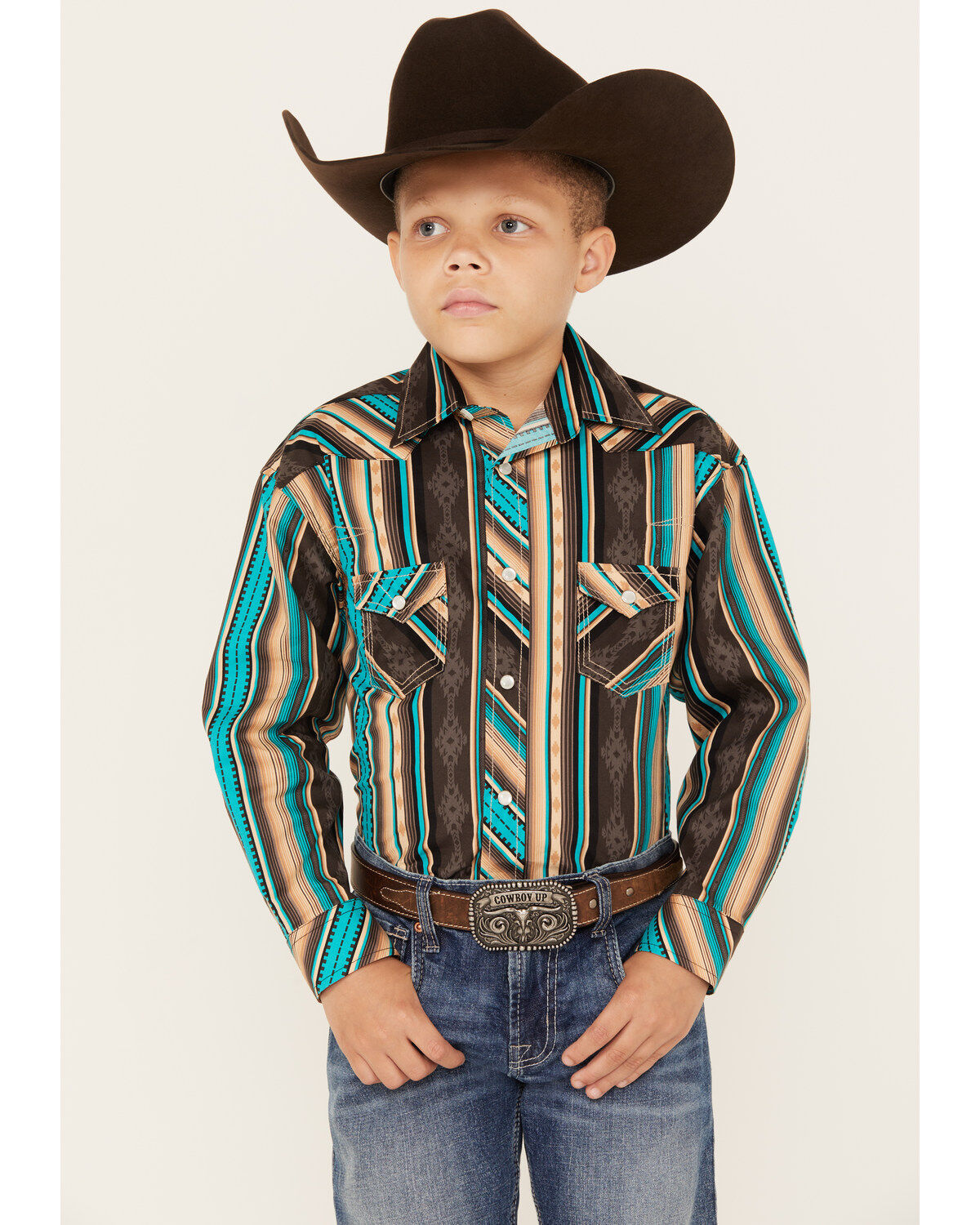 Boys' Rock & Roll Denim Southwestern Stripe Print Long Sleeve Snap Str