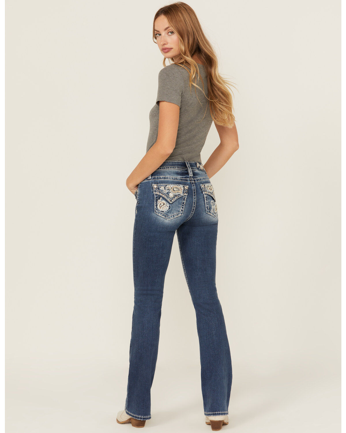 Women's Miss Me Dark Wash Mid Rise Paisley Pocket Bootcut Stretch Deni