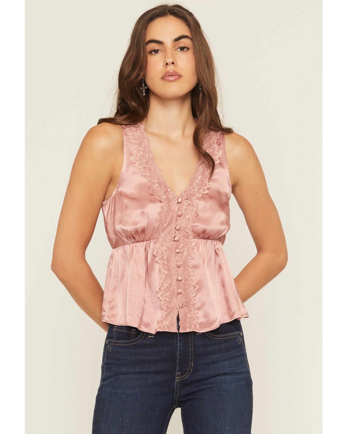 Women's Shyanne Satin Lace Trim Sleeveless Button-Down Tank Top