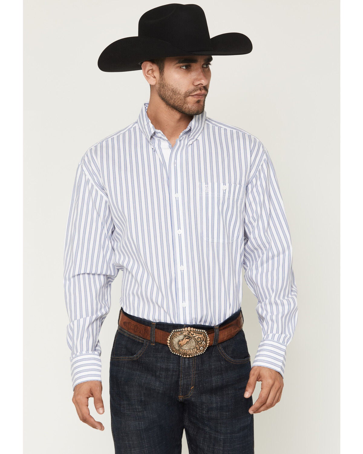 Wrangler George Strait by Stripe Print Long Sleeve Button-Down Stretch
