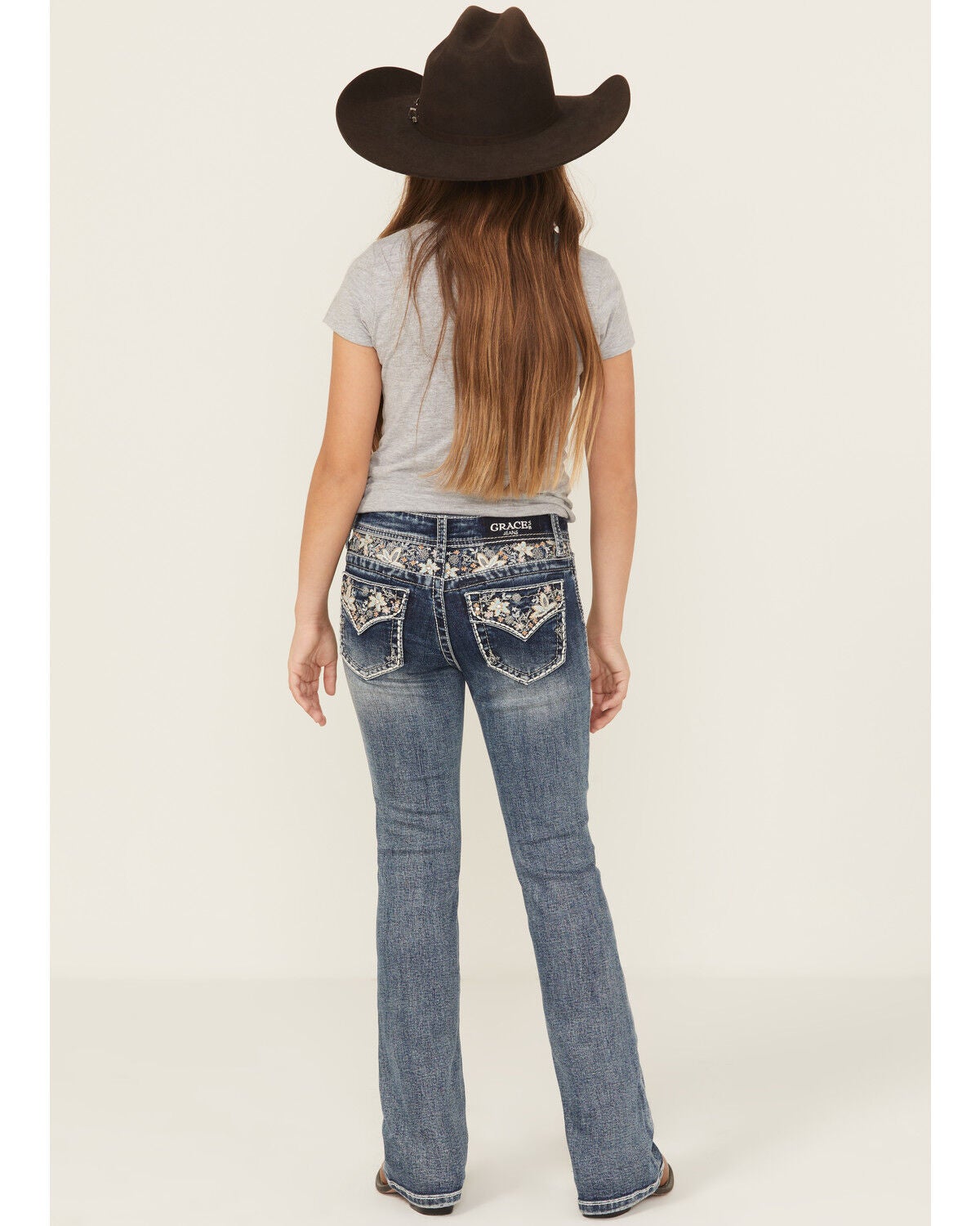 Girls' Grace In LA Medium Wash Floral Embroidered Faux Flap Pocket Boo