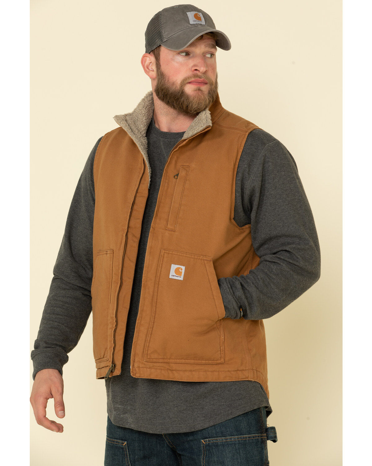 Men's Carhartt Brown Washed Duck Sherpa Lined Mock Neck Work Vest - Ta