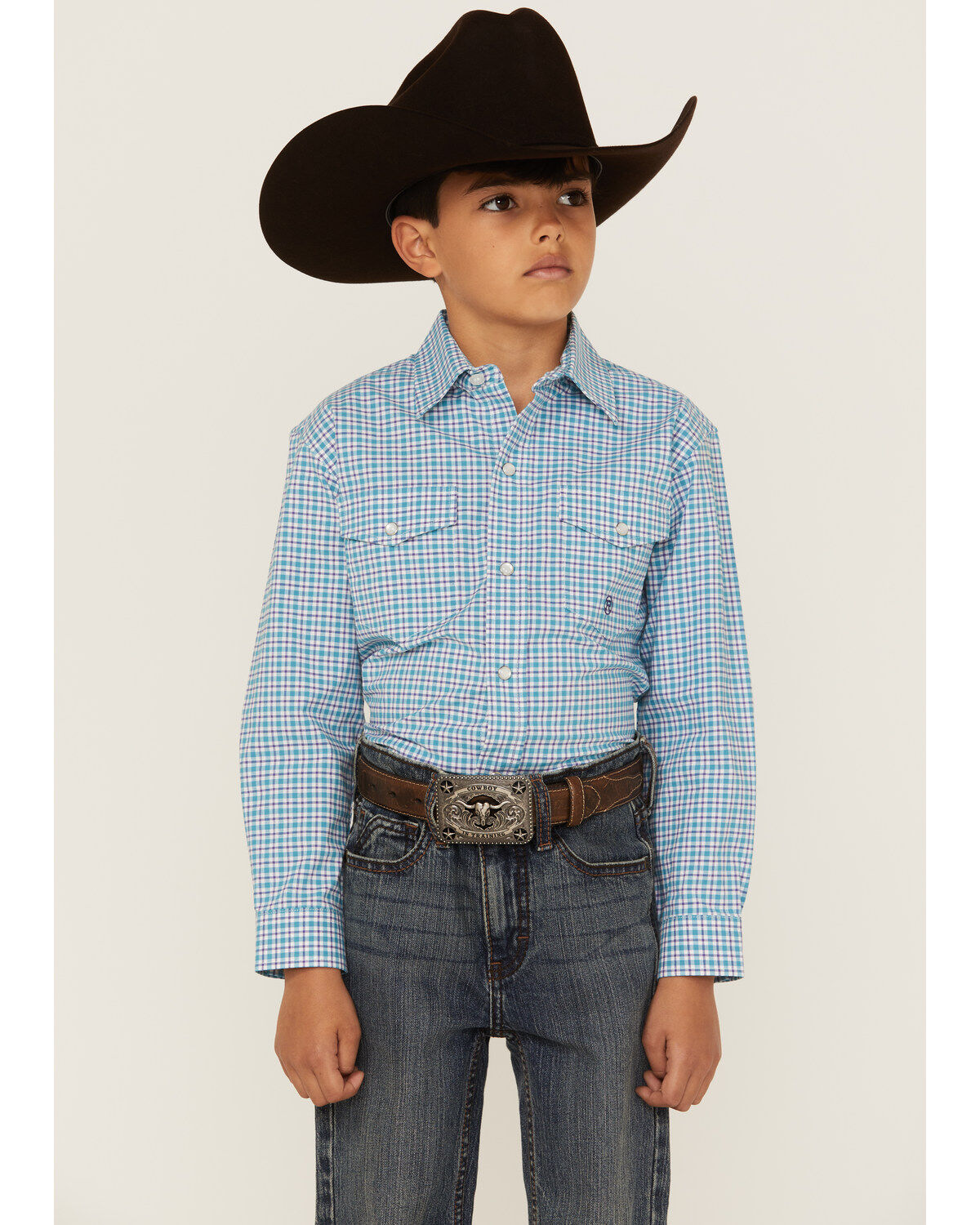 Boys' Roper Plaid Print Long Sleeve Pearl Snap Stretch Western Shirt