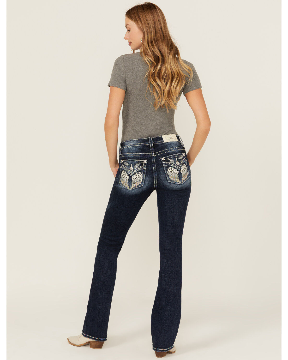 Women's Miss Me Dark Wash Mid Rise Wing Pocket Bootcut Stretch Denim J