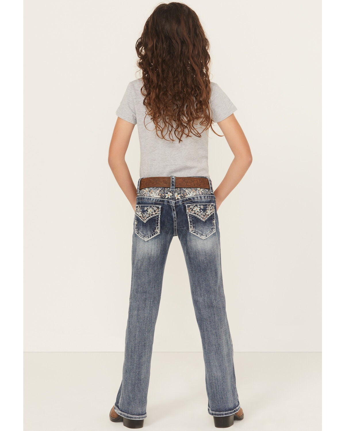 Girls' Grace in LA Medium Wash Floral Embroidered Bootcut Stretch Deni