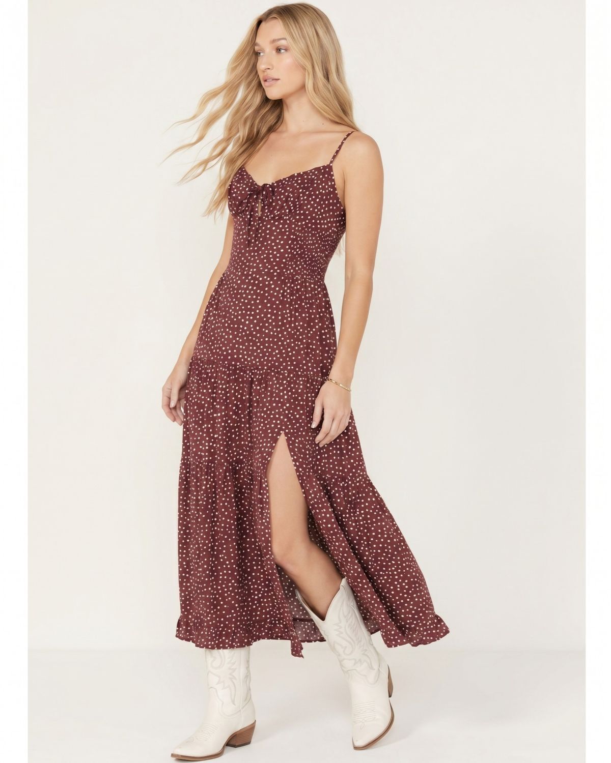 Women's Angie Polka Dot Twist Front Sleeveless Midi Dress