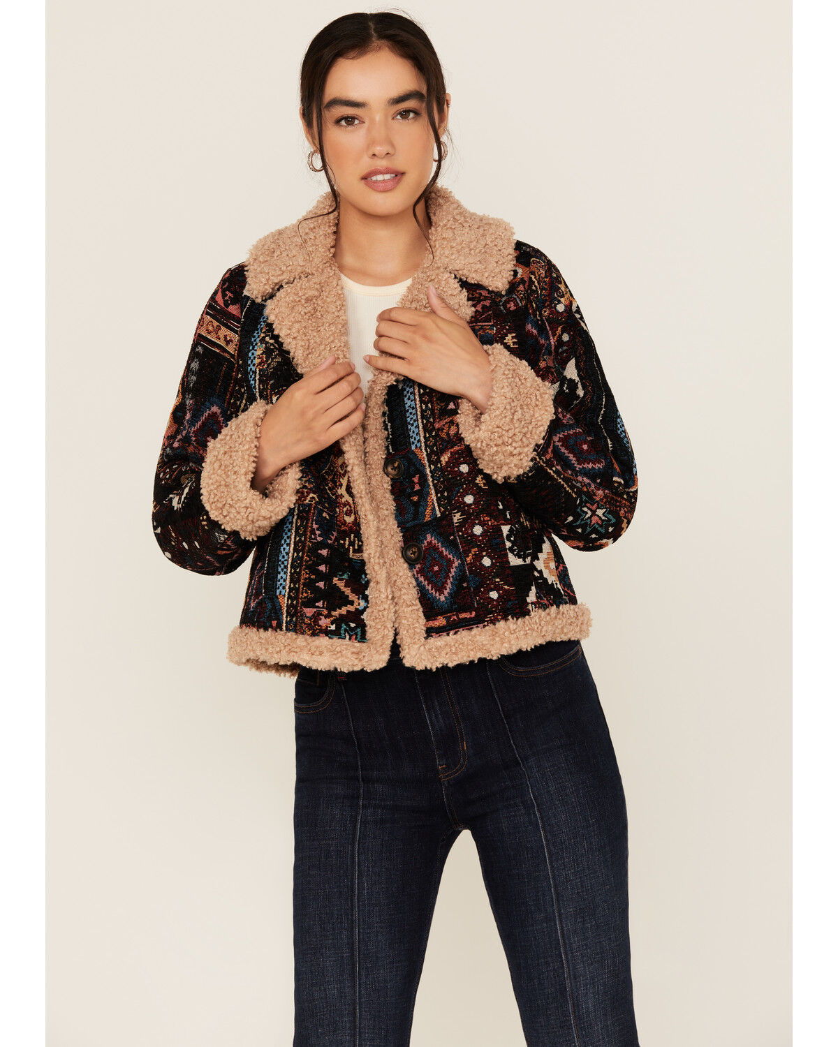 Women's Shyanne Tapestry Sherpa Lined Button-Down Cropped Jacket