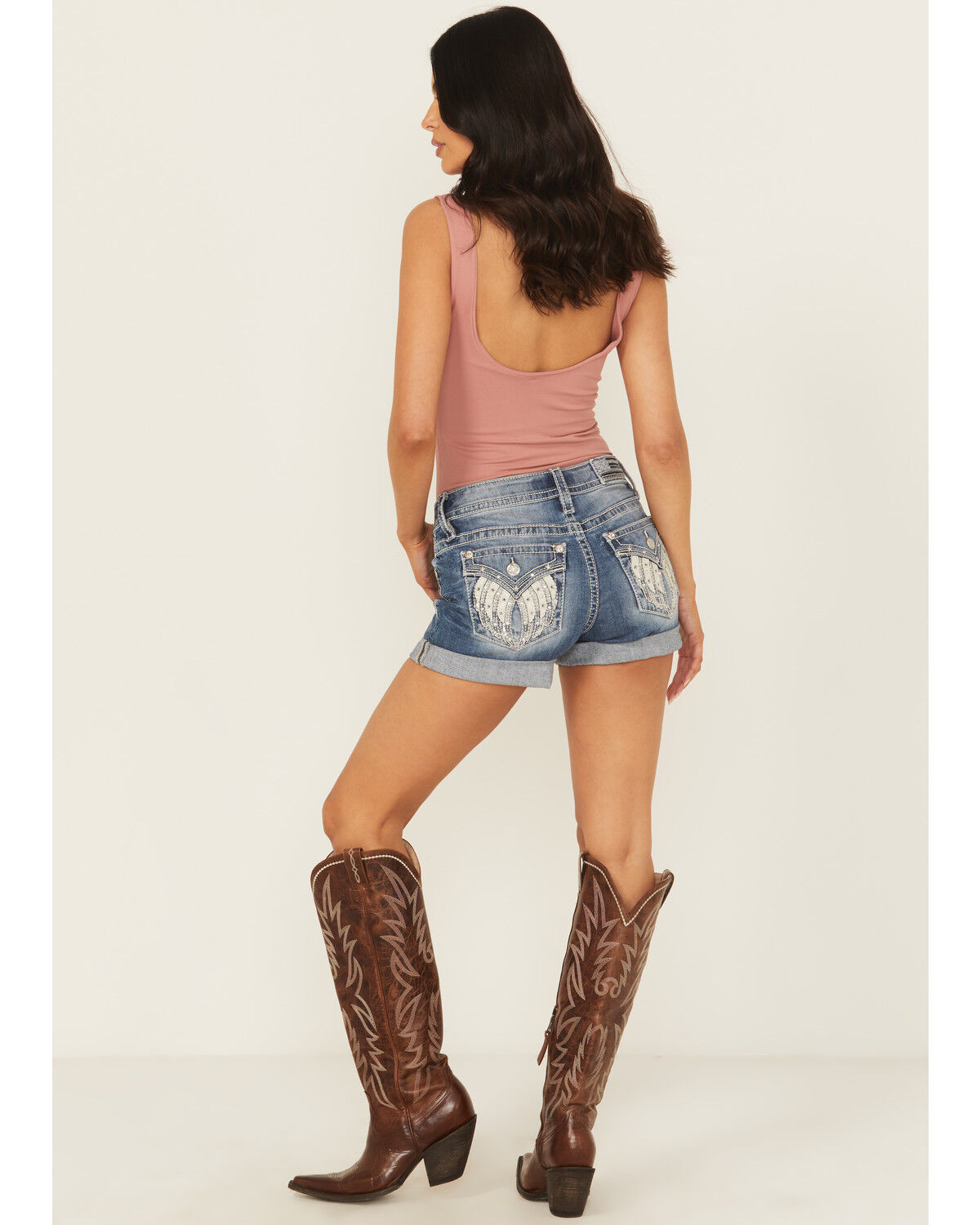 Women's Miss Me Medium Wash Mid Rise Rolled Hem Denim Shorts