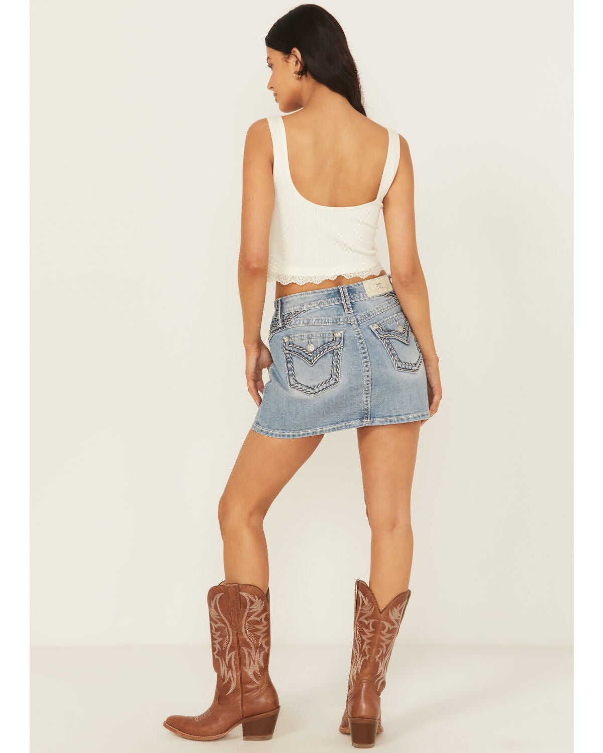 Women's Miss Me Light Wash Mid Rise Embroidered Denim Stretch Mini Ski