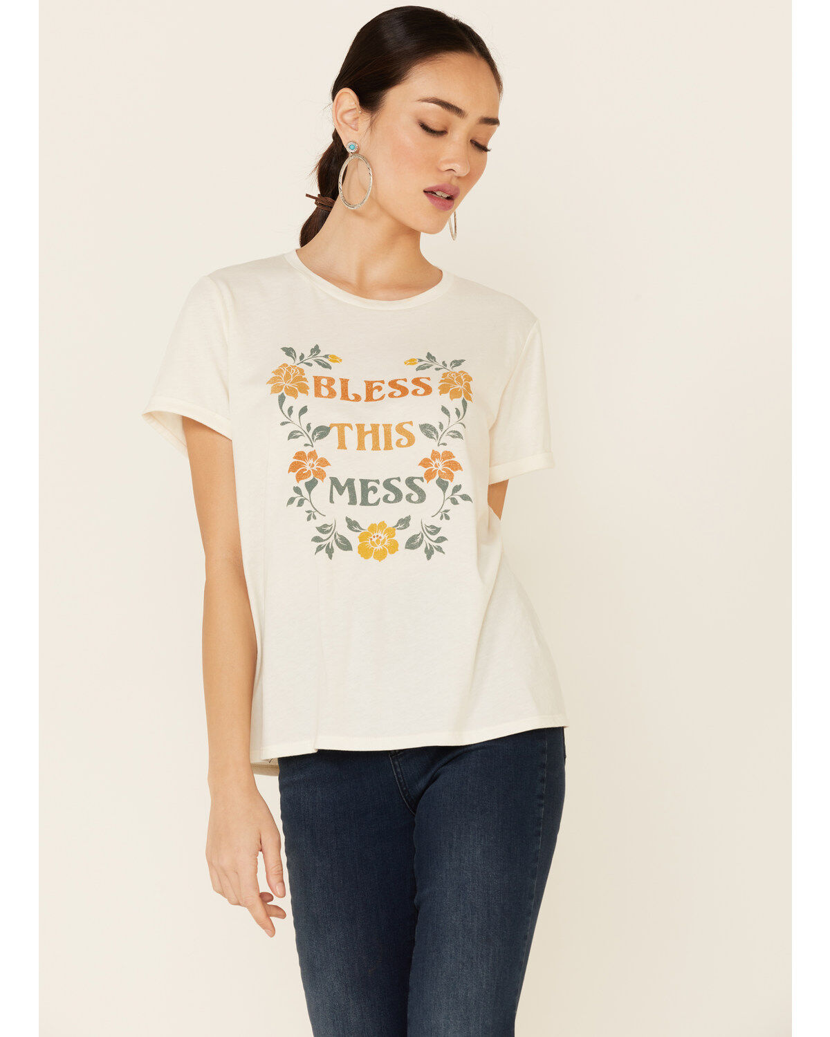 Women's Cut & Paste Bless This Mess Floral Graphic Short Sleeve Tee