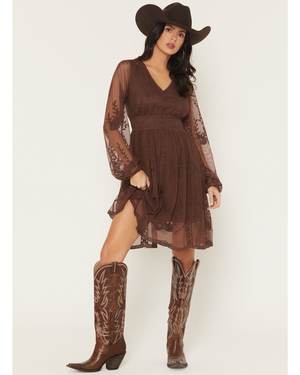 Women's Shyanne Embroidered Mesh Long Sleeve Button Front Mini Dress