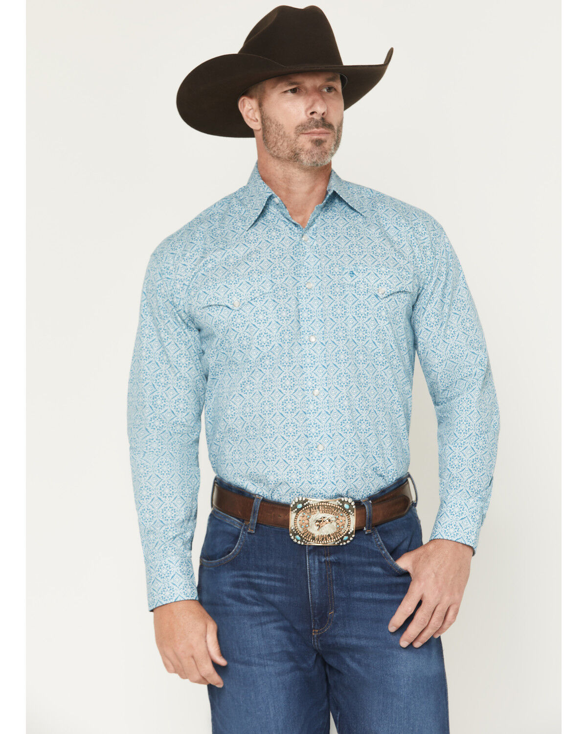 Men's Stetson Medallion Print Long Sleeve Pearl Snap Western Shirt