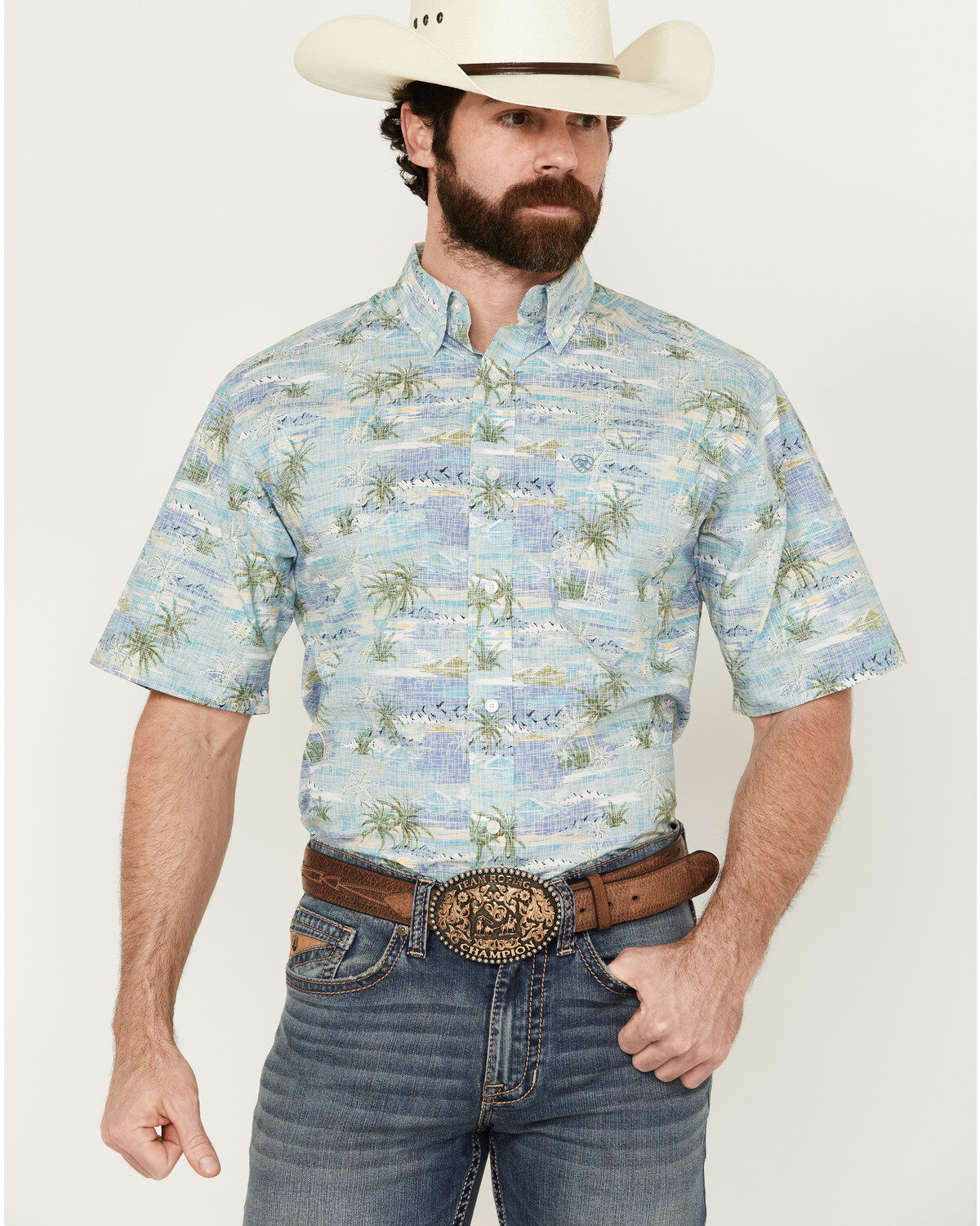 Men's Ariat Edwin Palm Tree Island Print Short Sleeve Button-Down West