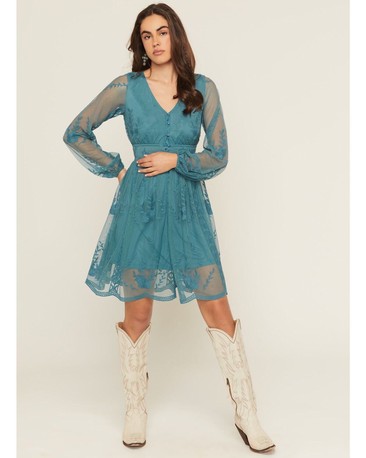 Shyanne Women’s Turquoise Embroidered Mesh Long Sleeve Button Front Mini Dress in XXXL – Western Floral Party Dress