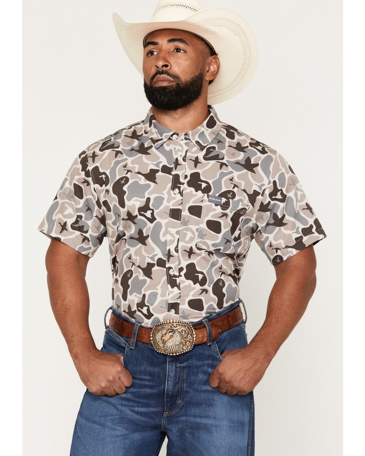 Men's Burlebo Mallard Camo Print Short Sleeve Button-Down Performance