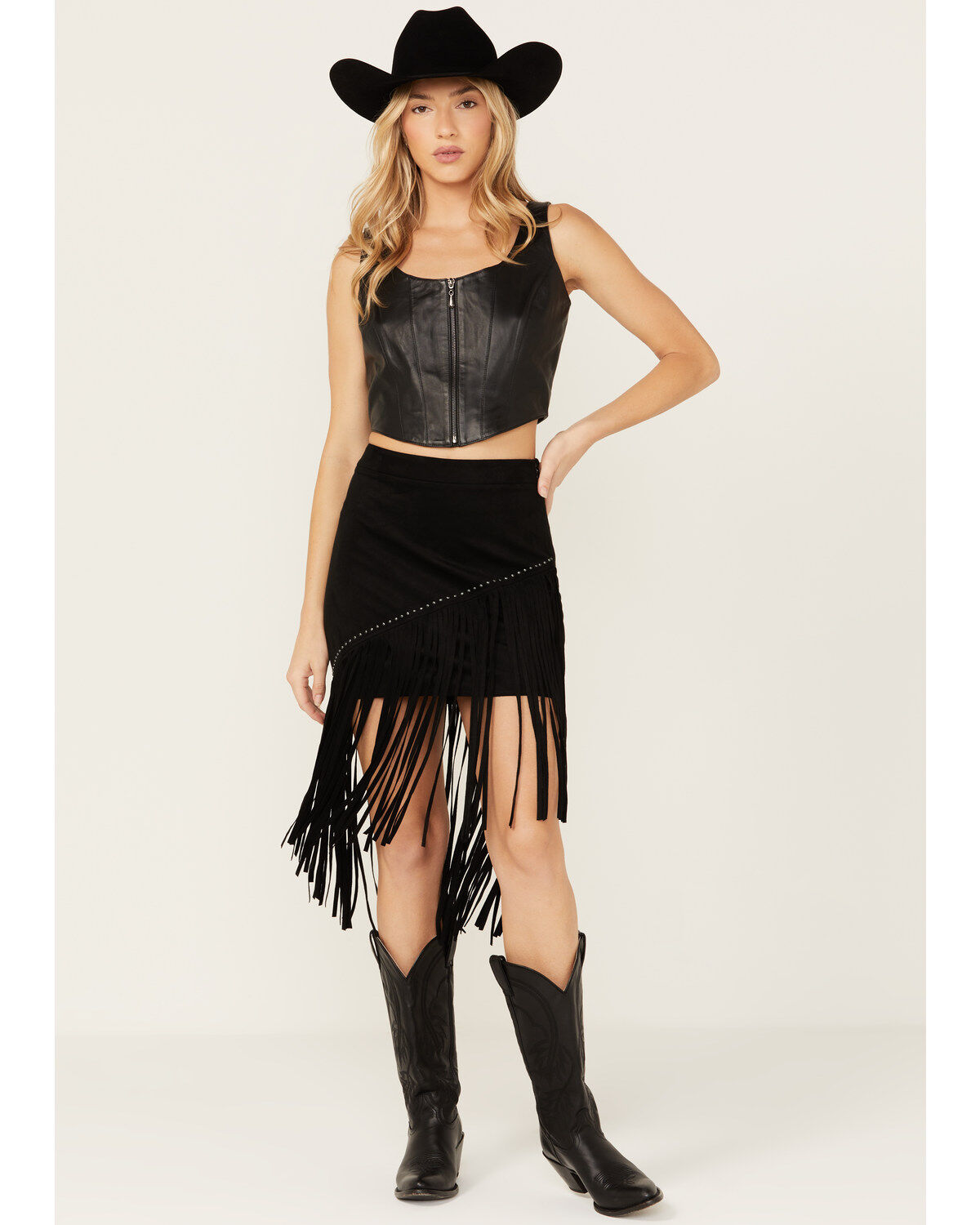 Black faux suede fringe skirt top
