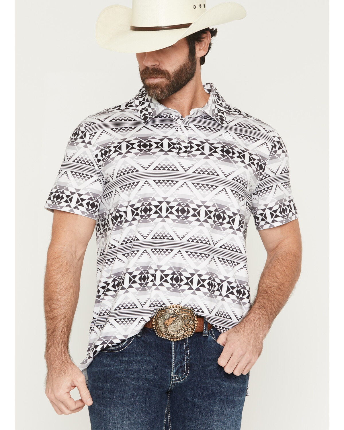 Men's Rock & Roll Denim Southwestern Print Short Sleeve Button-Down Po