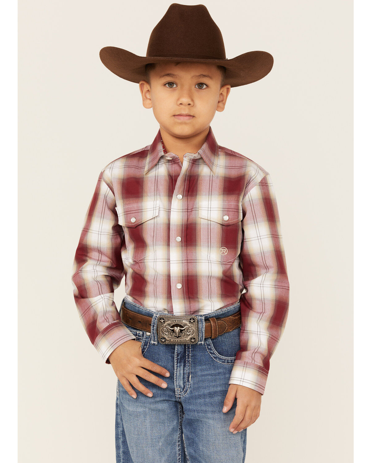 Boys' Roper Amarillo Plaid Print Long Sleeve Western Pearl Snap Shirt