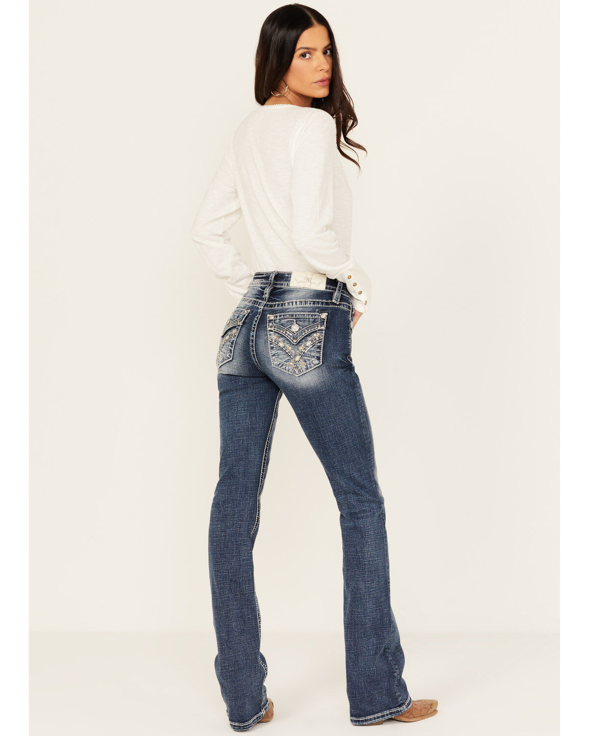Women's Miss Me Dark Wash Mid Rise Faux Flap Pocket Bootcut Stretch De