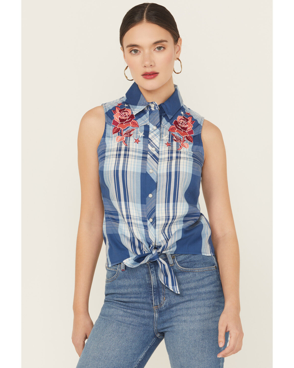 Women's Idyllwind Plaid Print Embroidered Front Sleeveless Snap Wester