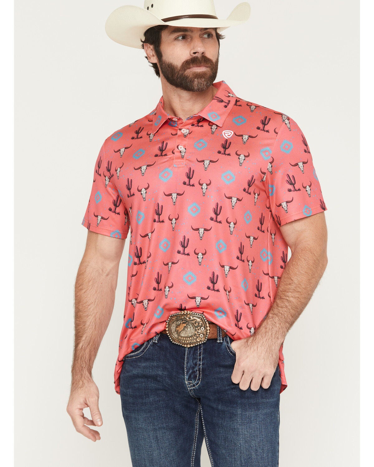 Men's Rock & Roll Denim Southwestern Skull Button-Down Stretch Polo Sh