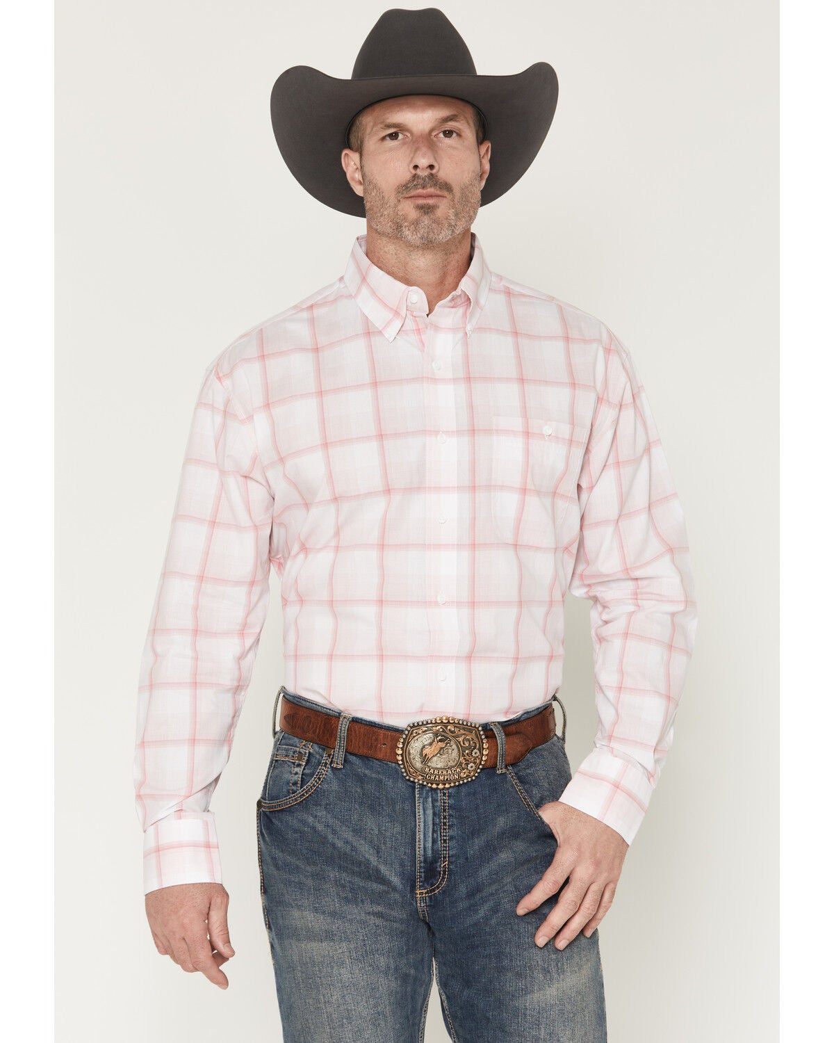 Men's Wrangler Bucking Cancer Plaid Print Long Sleeve Button-Down West