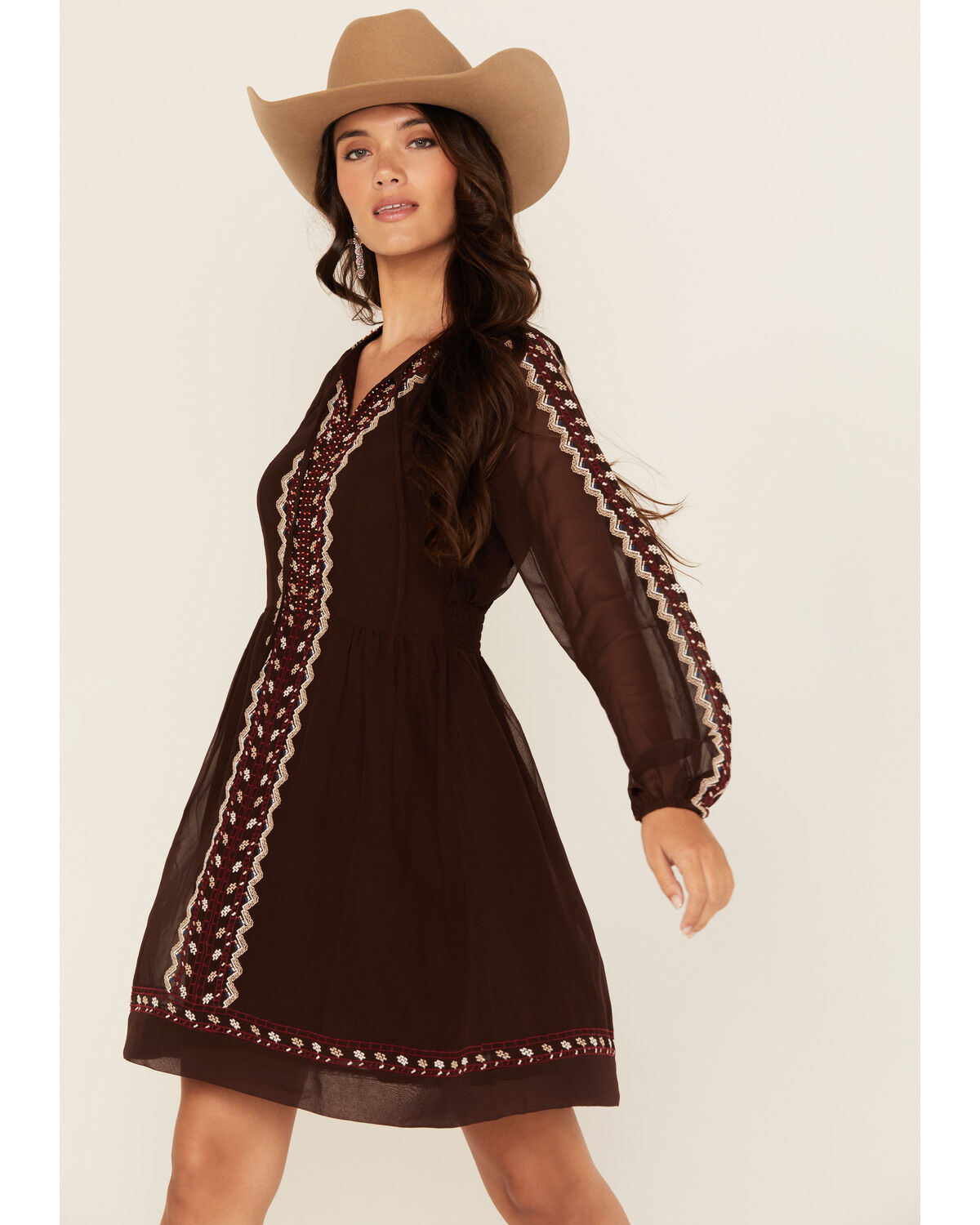 Women's Shyanne Georgette Embroidered Long Sleeve Mini Dress