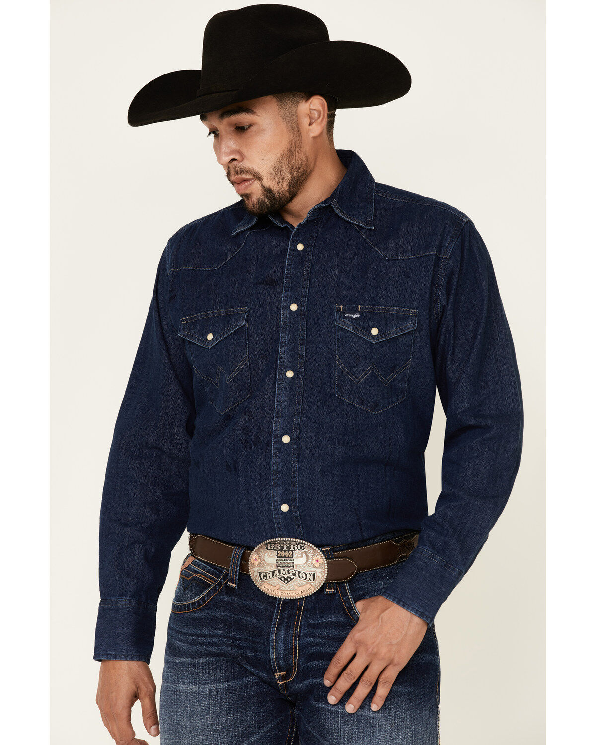 Men's Wrangler Dark Denim Solid Long Sleeve Snap Western Shirt