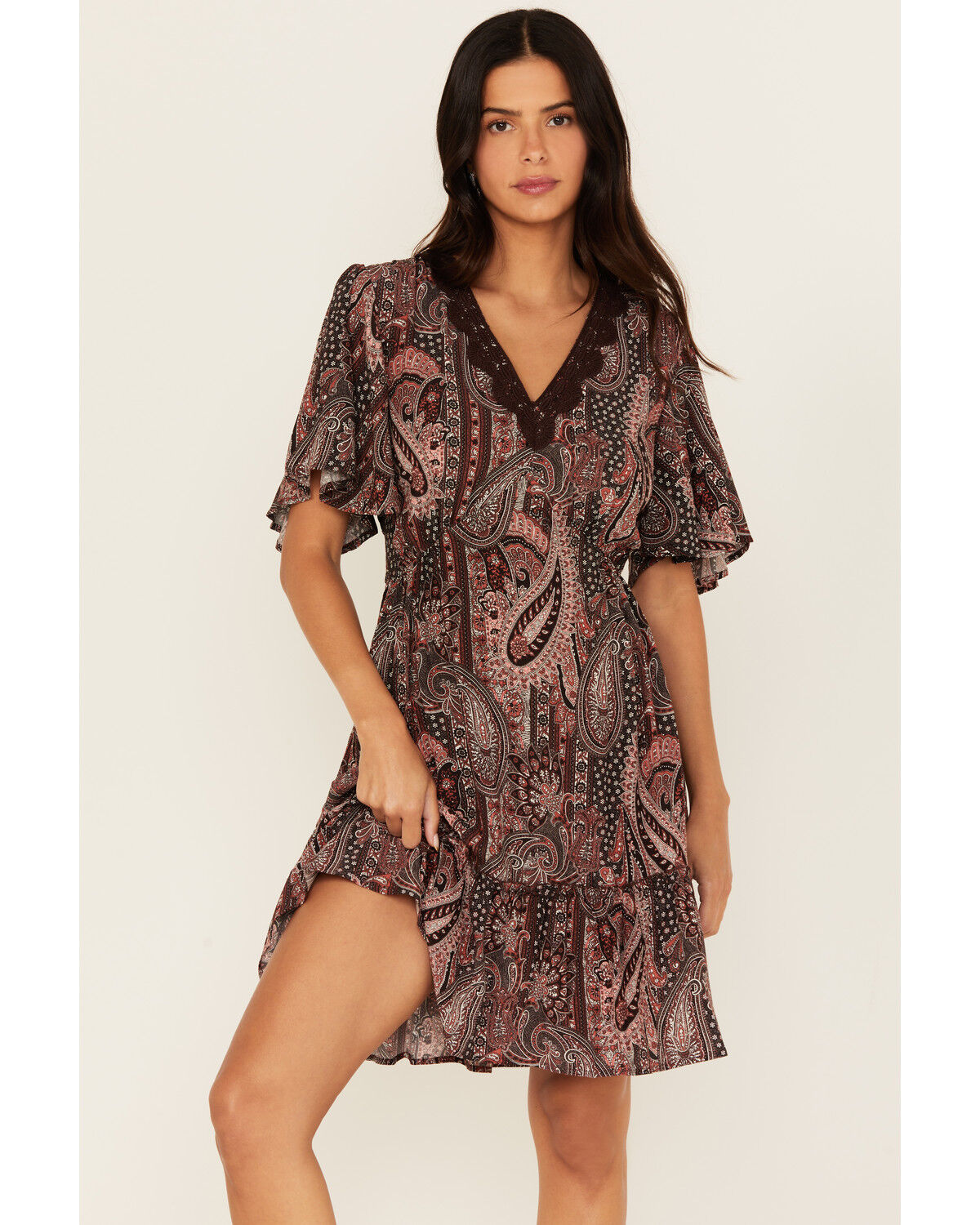 Women's Shyanne Crochet Trim Printed Short Sleeve Mini Dress