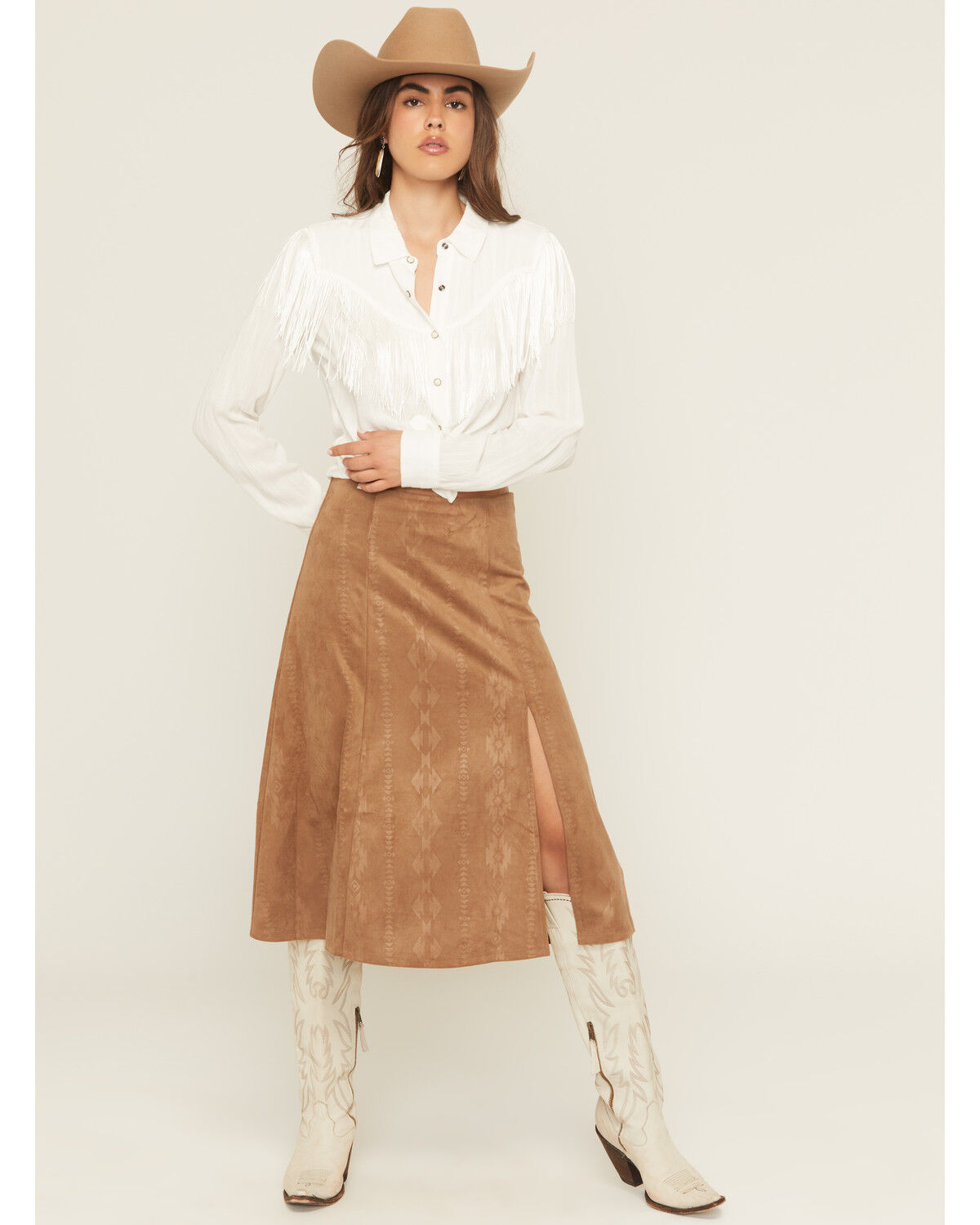 Women's Shyanne Embossed Southwestern Print Faux Suede Midi Skirt